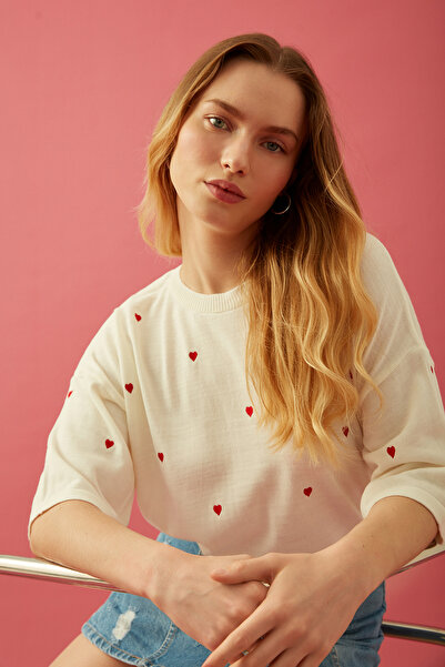 Park Karon Світшот з вишивкою у вигляді серця, з низькими рукавами, оверсайз