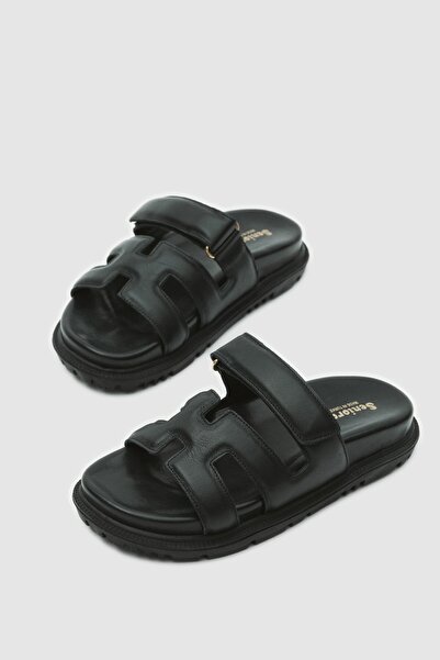 Seniorah Diva Black Genuine Leather Women's Slippers