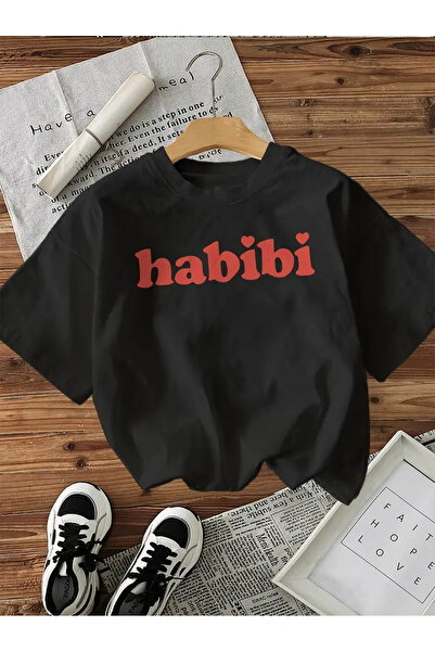 AEMİ Unisex Habibi Štampano 100% pamuk Oversize kroj Crna T-shirt