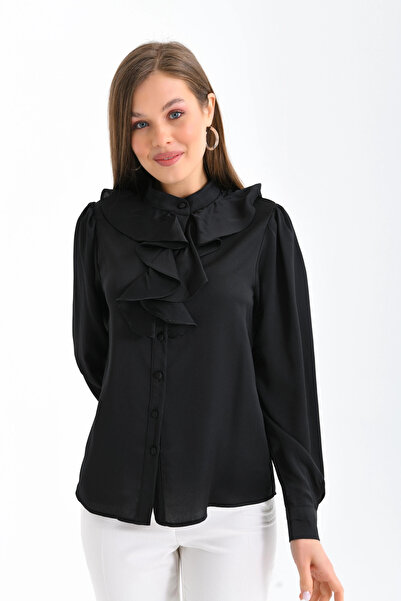 Park Karon Cămașă din satin neagră - ușoară, guler cu volan, drapat