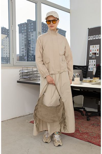 Fatma Atasoy Zippered Stand Collar Stone Trench Jacket