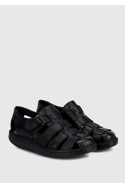 Eclipse Men's Black Leather Flat Sandals