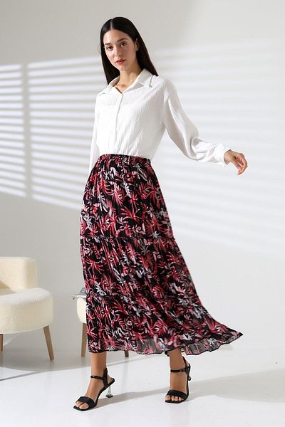 ribana Pleated Elastic Waist Chiffon Skirt Black - Sif01