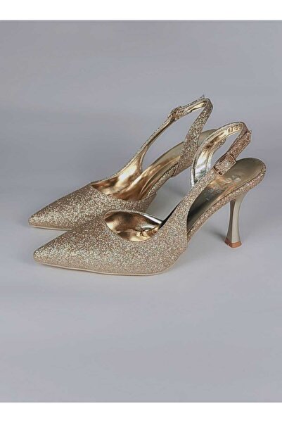 zaınexpress Bantlı Yüksek Ince Topuklu Simli Altın Arkası Açık Stiletto Ayakkabı 9 Cm Topuk