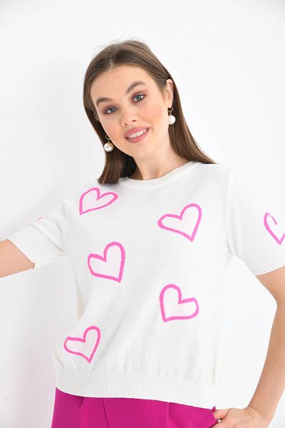 Park Karon Heart Short Sleeve White Sweater
