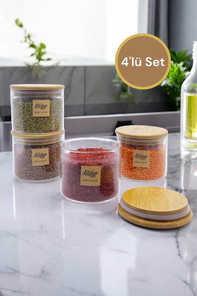 Kitchen Way Bambu Conta Kapaklı 4 Lü Cam Kavanoz Set 600ML Borosilikat Bahara...