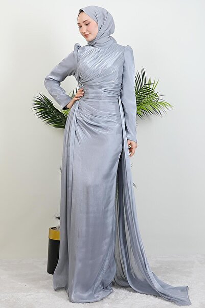 GİYZAMİLA Yaren Taş Detay Abiye Gri