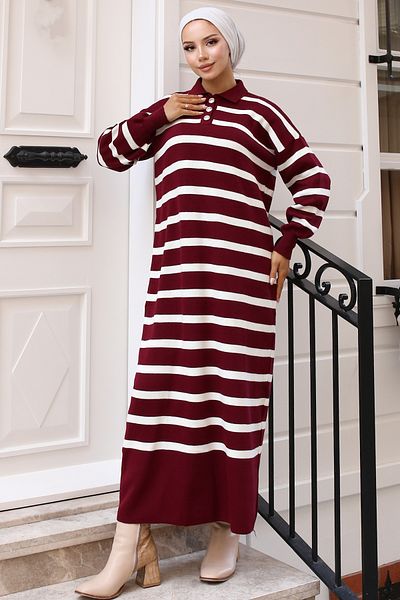 giyze Striped Sweater Dress with Button Detailed Collar Burgundy 11031-08