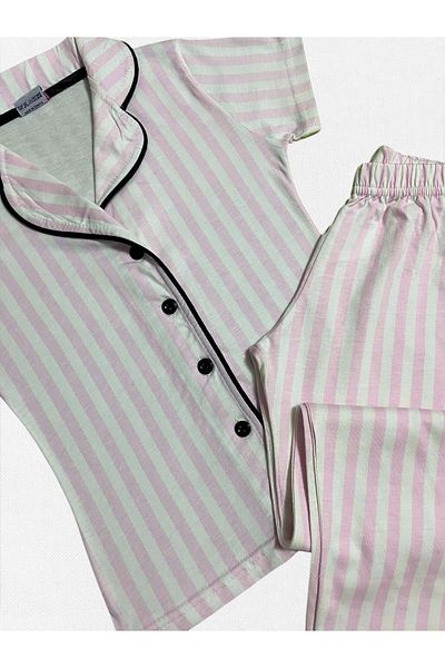 Fil Kids Girl's 100% Cotton Pink Striped Shirt Collar Buttoned Short Sleeve Summer Pajama Set