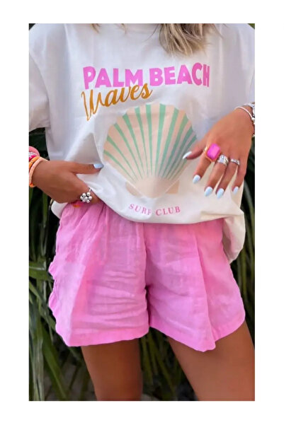 AEMİ Унисекс тениска с щампа Palm Beach, 100% памук, голям размер, бяла