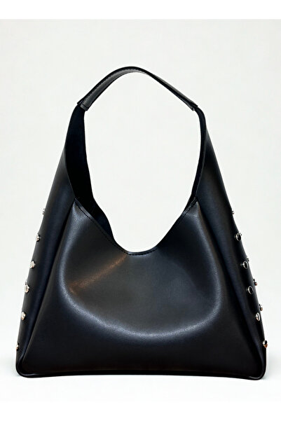 fular & bags Női fekete kézi és válltáska oldalsó csíptetős részletekkel, patentos zárással és cipzáras belső rekesszel