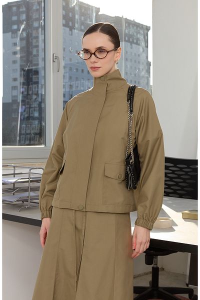 Fatma Atasoy Zippered Stand Collar Khaki Trench Jacket