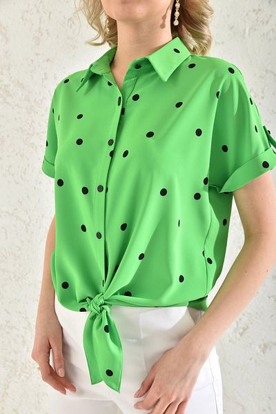 Park Karon Polka Dot Shirt Collar Women's Blouse - Lacing Detail and Epaulet