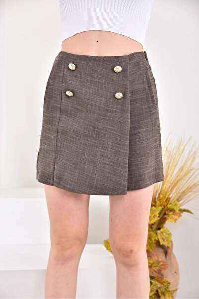Park Karon Women's Brown Double-Breasted Button Detailed Textured Shorts & Skirt