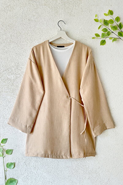 MODAQU Μπεζ κιμονό με κορδόνια στα πλαϊνά