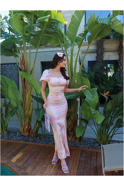 ESRAHELVACI Square Neck Floral Patterned Satin Dress