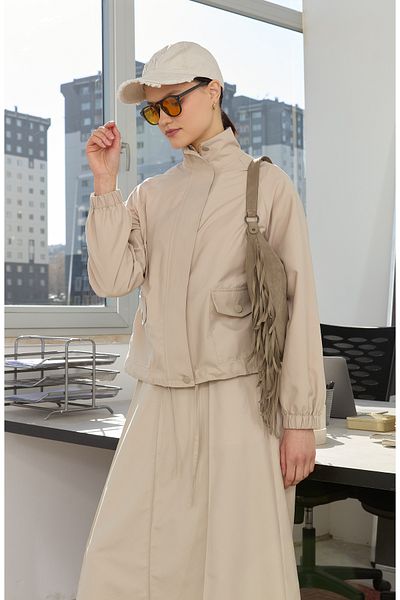 Fatma Atasoy Zippered Stand Collar Stone Trench Jacket