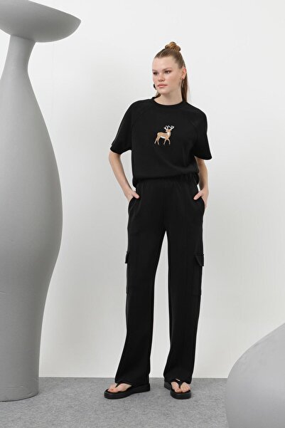 Soul 32119 تي شيرت نسائي مشروط مطرز على شكل غزال أمامي