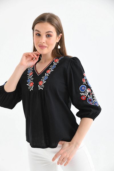 Park Karon Bluză lejeră cu decolteu în V cu detaliu de broderie