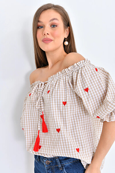 Park Karon Μπεζ Oversize Μπλούζα - Gingham Collar, Ruffle