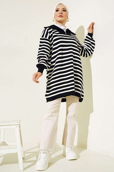 giyze Zippered Collar Striped Knitwear Tunic Black 11020-03