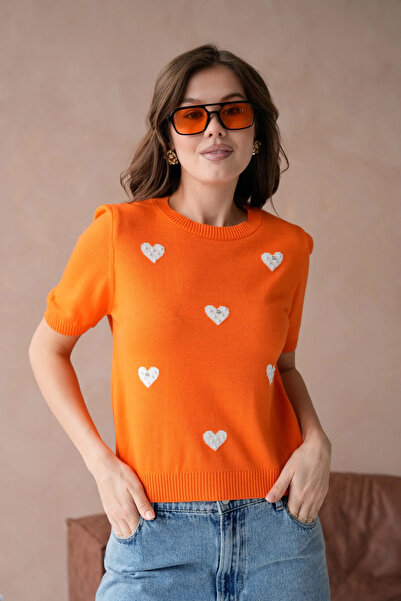 Park Karon Жіночий трикотажний светр з серцем, оздоблений каменями