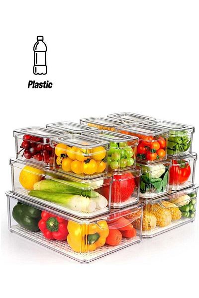 COOYA 2x7 PcsFridge Organizer,Stackable with Lids,3 Different Sizes,Clear Plastic,for Fruit,Vegetable,Food
