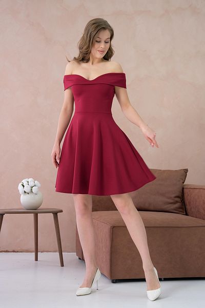 WOMAN VISION Rochie mini de damă, fără bretele, din țesătură elastică pentru scuba, burgundă 019