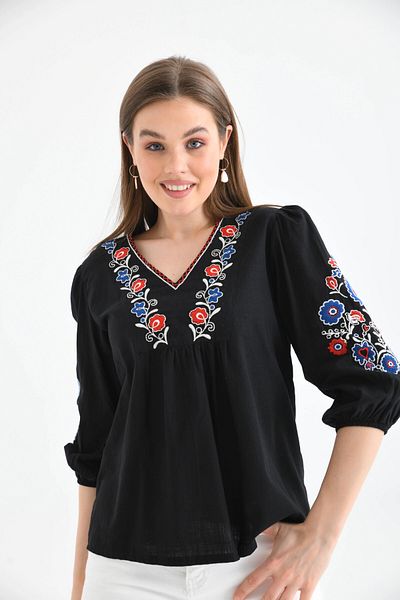 Park Karon Bluză lejeră cu decolteu în V cu detaliu de broderie