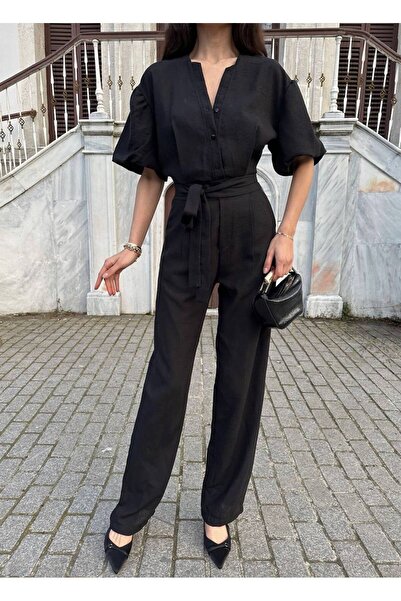 LOCH BUTİK Women's Belted Black V-Neck Midi Jumpsuit