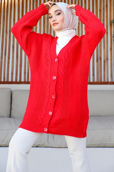 giyze Knitted Patterned Front Buttoned Cardigan Red 6999
