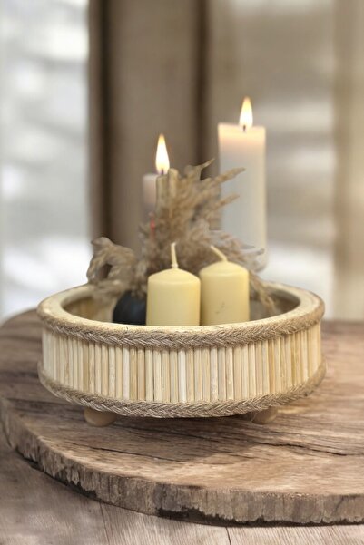 DEKOLOBİ Bambu Ahşap Yuvarlak Dekoratif Bohem Tepsi 22x22 Cm