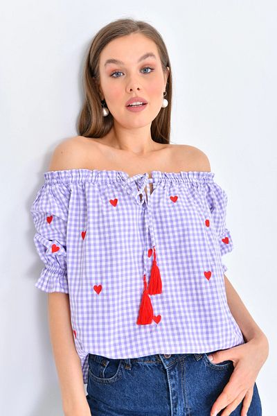 Park Karon Bluză oversize liliac - guler cu volane, model Gingham