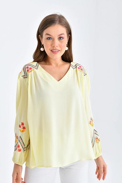 Park Karon Long Sleeve V-Neck Embroidered Loose Women's Blouse