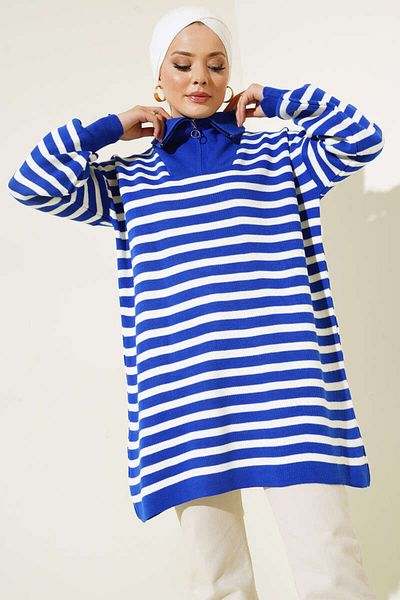 giyze Zippered Collar Striped Knitwear Tunic Saks Blue 11020-03