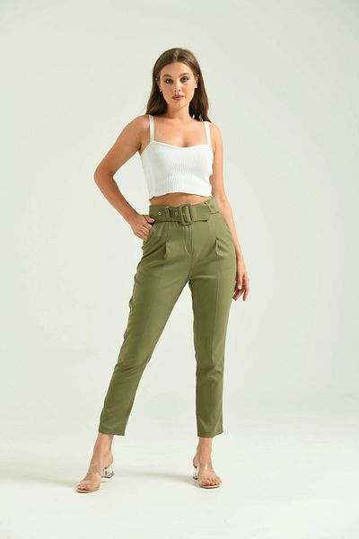 Park Karon Khaki Colored Women's Basic Trousers - Belt Detailed