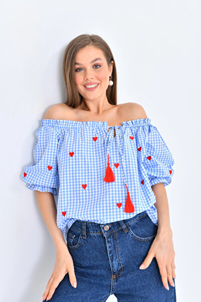 Park Karon Μπλε Oversize Υφαντή Μπλούζα - Gingham Collar, Ruffle