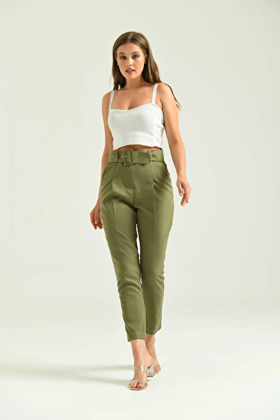 Park Karon Khaki Colored Women's Basic Trousers - Belt Detailed
