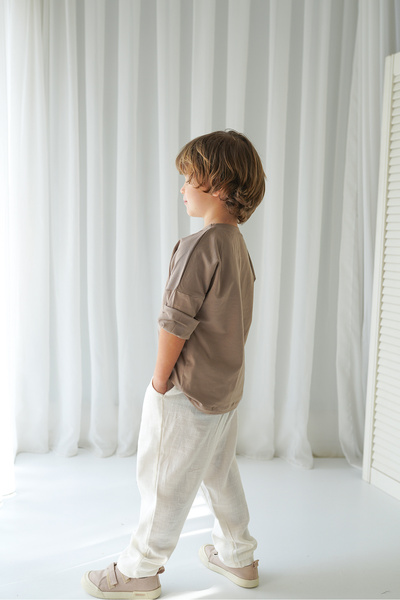 Catz Kids Boy's Ecru Linen Carrot Trousers + Mink Combed Cotton T-Shirt
