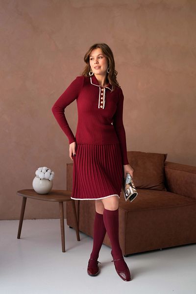 Park Karon Women's Polo Neck Button Detail Sweater Skirt Double Knitwear Set