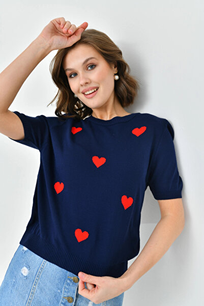 Park Karon Crew Neck Heart Patterned Transitional Knitwear Sweater
