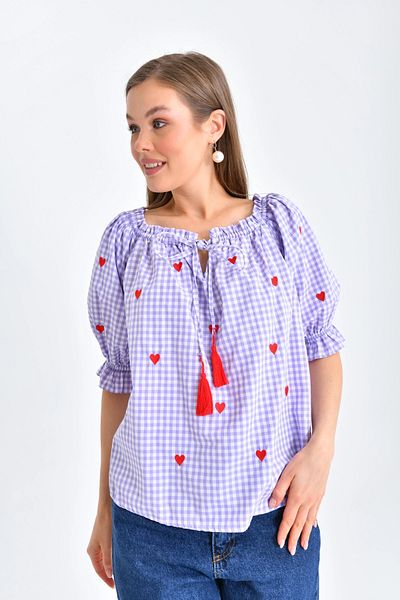 Park Karon Bluză oversize liliac - guler cu volane, model Gingham