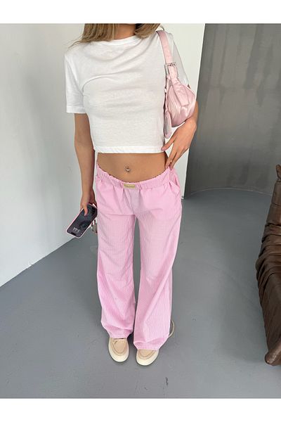 BEJNA Women's Pink Striped Cotton Loose Pants