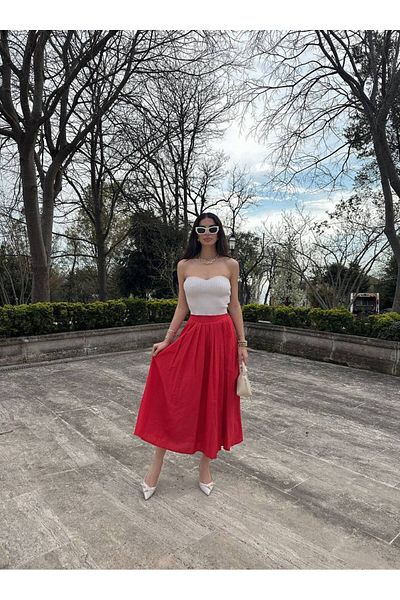 LOCH BUTİK Women's Red Linen Pleated Lined Skirt