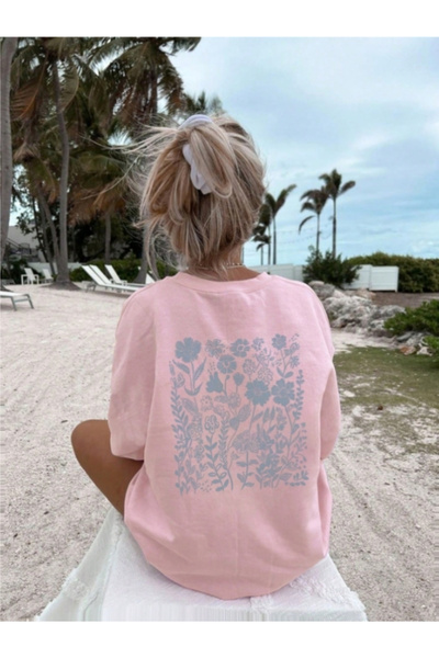 MOONBULL Γυναικείο μπλουζάκι με μπλε φλοράλ στάμπα στην πλάτη, oversized, κον...