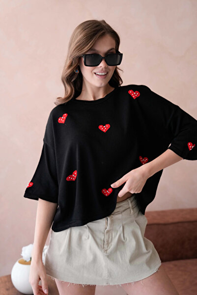 Park Karon Pulover de damă, cu gât roșu, brodat cu piatră