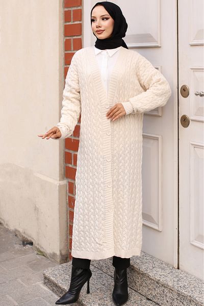 giyze Buttoned Long Knitwear Cardigan Ecru 377