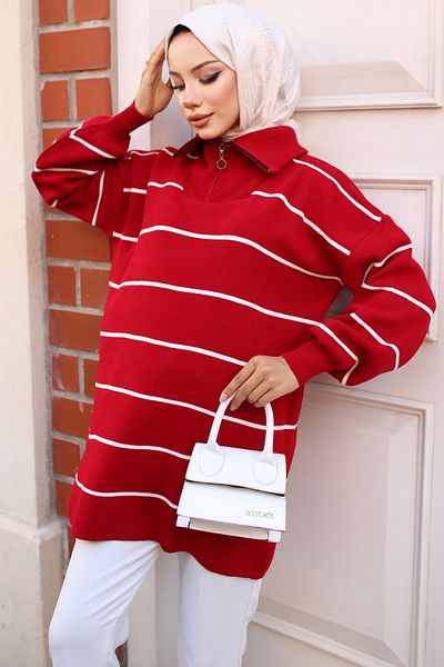 giyze Zippered Collar Striped Knitwear Tunic Red 11037-30