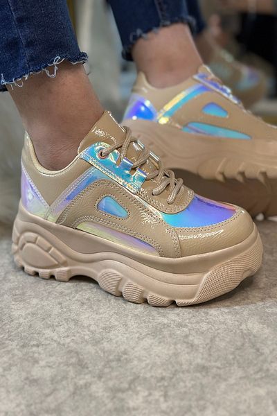 İmerShoes Pantofi sport cu hologramă nud pentru femei Daily, cu șireturi, groși, ușoare, cu talpă înaltă, 001