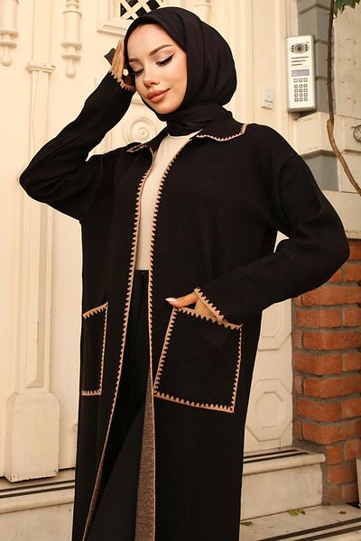 giyze Zigzag Detailed Long Pocket Knitwear Cardigan Black 24405